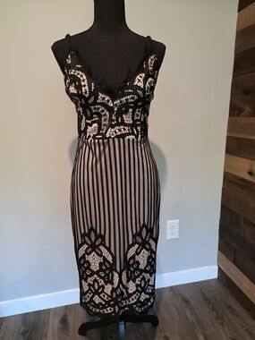 Black Lace-Overlay Striped Midi Dress